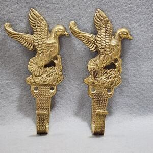 Brass Flying Ducks Coat Clothes Key Wall Hooks Set of 2 Farmhouse Rustic Vintage